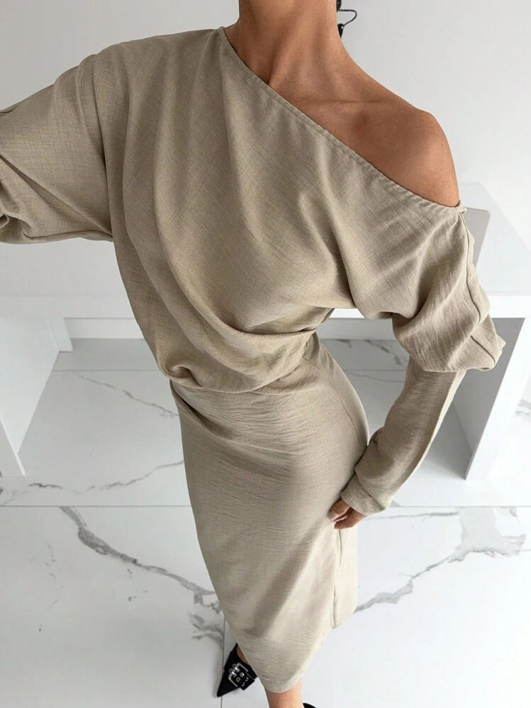 Siren Gaze فستان أنيق ذو رقبة غير متماثلة وخصر مكشكش، فستان أنيق - لون مشمشي - مشاهدة 3