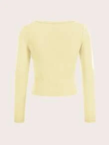 SHEIN EZwear Women's Casual Cream Yellow Crew Neck Raglan Sleeve Slim Fit Long Sleeve T-Shirt, Suitable For Autumn/Winter,Fall Tops - Yellow - View 3