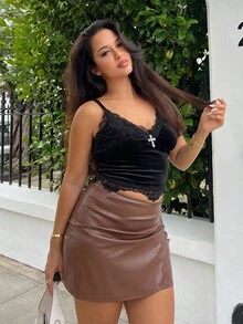 NegzBox Gothic Sexy Velvet Cropped Tank Top With Lace Trim And Metal Cross Detail For Women - Black - View 6