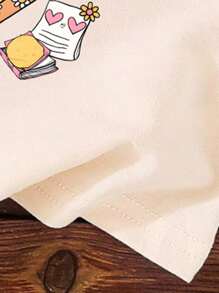 返校季女童休闲时尚创意铅笔彩色蝴蝶结卡通图案印花基础款短袖T恤 女童图案T恤 小女孩图案T恤 返校季女童衬衫 - 米色 - 查看 6