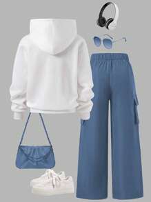 SHEIN ChillGRL 2 件女童字母印花连帽卫衣 + 绿色工装裤休闲街头装，秋冬 - 藍色 - 查看 2