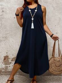 EMERY ROSE 2025 Summer New Arrival Round Neck Sleeveless Dress Women, European & American Style Leopard Print Hem Side Slit Pullover Top - Navy Blue - View 3