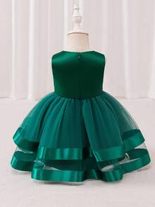 Glamorique Kids Elegant And Cute Baby Girl Dress, Dark Green Color, Sleeveless, With Bowknot, Puffed Cake Style, Perfect For Christmas Party Or Formal Occasions