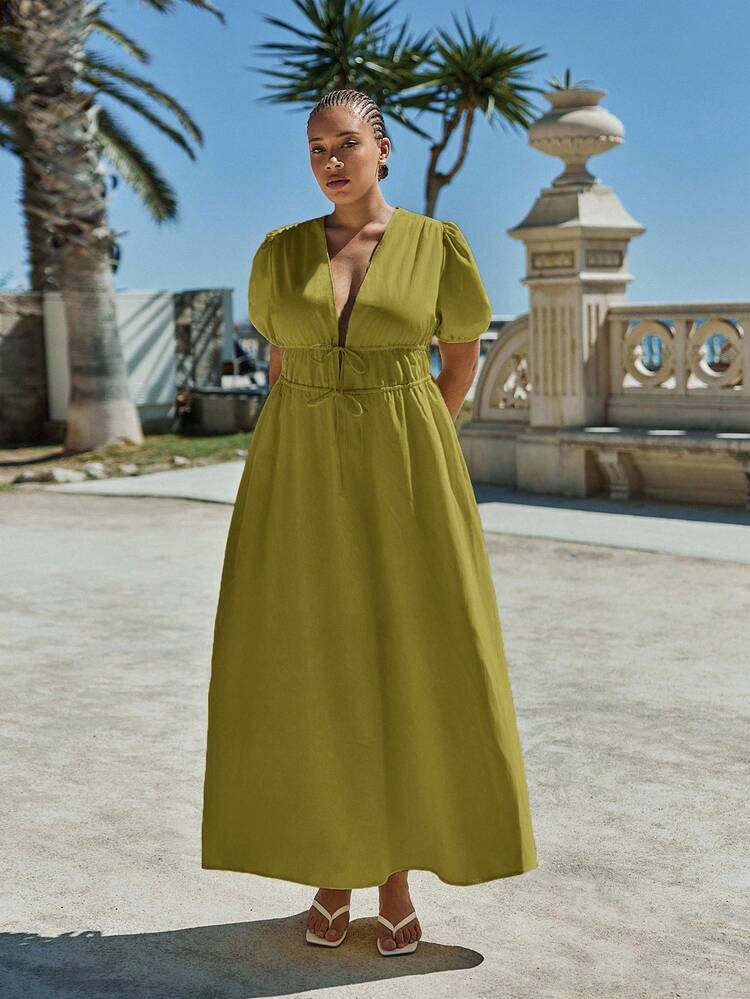 SHEIN Maija Plus Size Women's Solid Color Casual Elegant Deep V Neck Princess Sleeves Puff Sleeves Short Sleeves Waist Pleats Long Dress,Summer Beach , Elegant,Business Casual Green Maxi Dress Plus Size Maxi Dress Plus Size Green Maxi Dress Linen Maxi Dress Plus Size Summer Dress Halloween Christmas National Day Clothes New Year Clothes Christmas Halloween Mexican African Black Tops