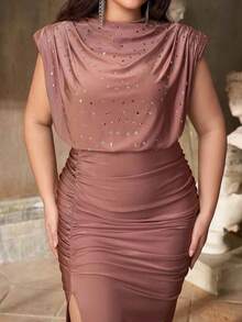 Aureia Váy dạ hội trang trọng thanh lịch lãng mạn cổ cao đính sequin sang trọng trang trí đá Rhinestone xẻ cao ôm sát cơ thể xếp nếp viền đuôi cá có đuôi váy - màu nâu - Xem 5