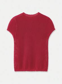 lacRébo Blusa con patrón de flores rojas a crochet con detalle de borde de concha, atuendos de maestro, salida, atuendos de oficina - Burdeos - Ver 9