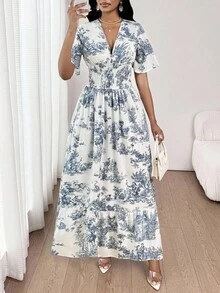 SHEIN Lady 女士优雅休闲度假通勤蓝白碎花撞色印花修腰V领短袖中长连衣裙春夏秋季装 - 藍白色 - 查看 5