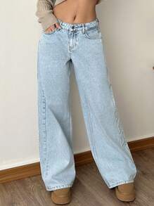 EURMUSE Low Waist Side Detailed Wideleg Jean - Light Wash - View 7