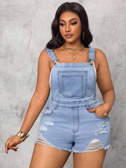 Slaydiva 大码女式夏季破洞牛仔背带裤