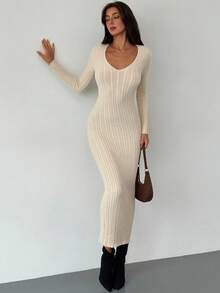 Aloruh Apricot Minimalist Commuter Deep V Neck Long Sleeve Bodycon Dress For Women Autumn Winter Clothes For Women - Apricot - View 7