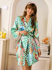 秋季女士缎面太阳脸月亮心印花长袍 - 綠色 - 查看 6