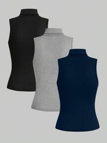 SHEIN LUNE 3件套女士休闲纯色简约高领背心套装 - 彩色 - 查看 2