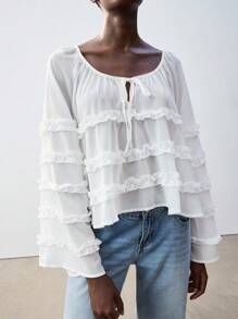 Maija Casual Elegant V-Neck Loose Ruffle Flare Sleeve White Blouse, Suitable For Spring, Summer Vacation, Music Festival, Party, Vacation - White - View 6