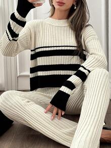 EURMUSE Tall Size Casual Two Pieces Outfit For Winter With Sweater And Sweater Pants Two Piece Knit Set Striped Knit Set Ribbed Knit Set,Co Ords Sets Women,Co Ord,Autumn Outfits Women - Black and White - View 4
