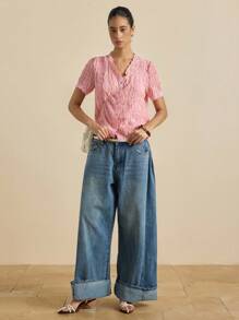 Airaco Blusa de mujer con diseño dulce y estilizador, de manga corta con ribete de encaje - Rosa - Ver 3