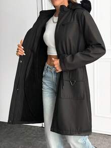 EURMUSE Parka d'hiver avec capuche bordée de fausse fourrure, col montant, poches zippées multiples, taille ajustable et fermeture à boutons-pression devant. Vêtement d'extérieur chaud et pratique - Noir - Voir 4