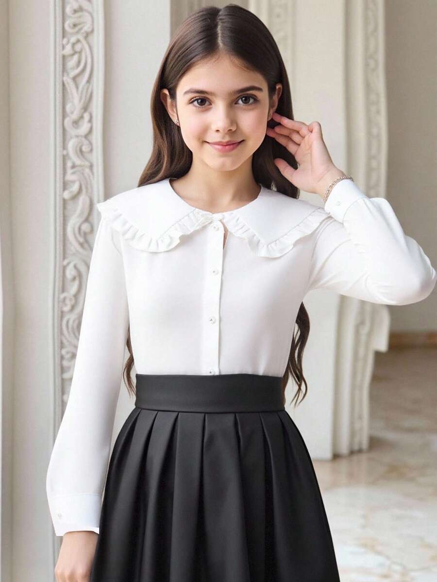 Áo cánh trắng cổ Peter Pan dễ thương cho bé gái tuổi teen, đồng phục học sinh phong cách Hàn Quốc - trắng - Xem 1