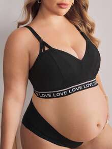 SHEIN BloomMama Plus Size Letter Knit Band Comfortable Front Opening Maternity Nursing Bra