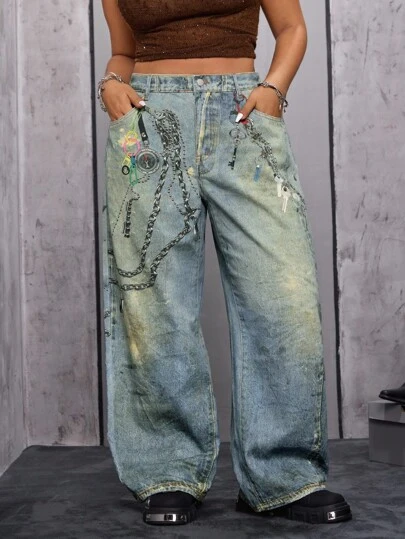 SHEIN ICON Plus Size Women High Waist Pockets Chain Printed Loose Casual Wide Leg Jeans Punk