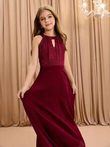 Elegant Luxurious Burgundy Round Neck Halter Long Fitted Mesh Dress For Tween Girl, Suitable For Evening Party, Wedding, Birthday, Holiday, Back To School, Christmas, Halloween And Other Occasions - Burgundy - View 6