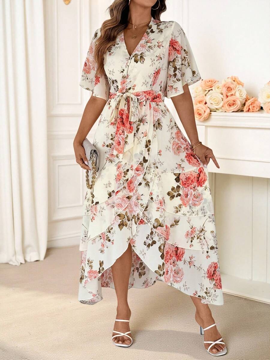 Reflora Curve Plus Size Women's Romantic Casual Daily Lotus Leaf Short Sleeve V-Neck Waist Tie Waist A-Line Ruffle Asymmetrical Hem Printed Long Dress,Floral Dress Women - Pink - View 1