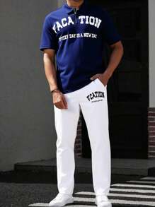 SHEIN 2 件套青少年休闲纯色印花 Polo 衫和裤子套装，百搭舒适，适合通勤、上学、日常、旅行、运动、派对、春夏季 - 彩色 - 查看 2