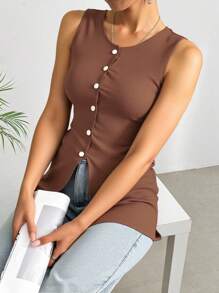 SHEIN EZwear 大码黄色针织无袖上衣，清凉夏日 - 棕色 - 查看 3