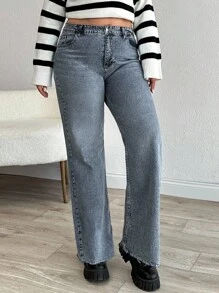 EURMUSE HIGH RISE FRAYED HEM STRAIGHT VUT PLUS SIZE JEAN - Medium Wash - View 4