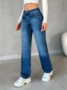 SHEIN Cottnline 100%Cotton Women's Straight Leg Jeans - Blue - View 3