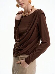 Aalyst Women's Elegant Fashion Commuter Casual Comfortable Charming Retro Long Sleeve Round Neck 2 In 1 Loose Collar Solid Color T-Shirt Fall Cloth For Women - Mocha Brown - View 5