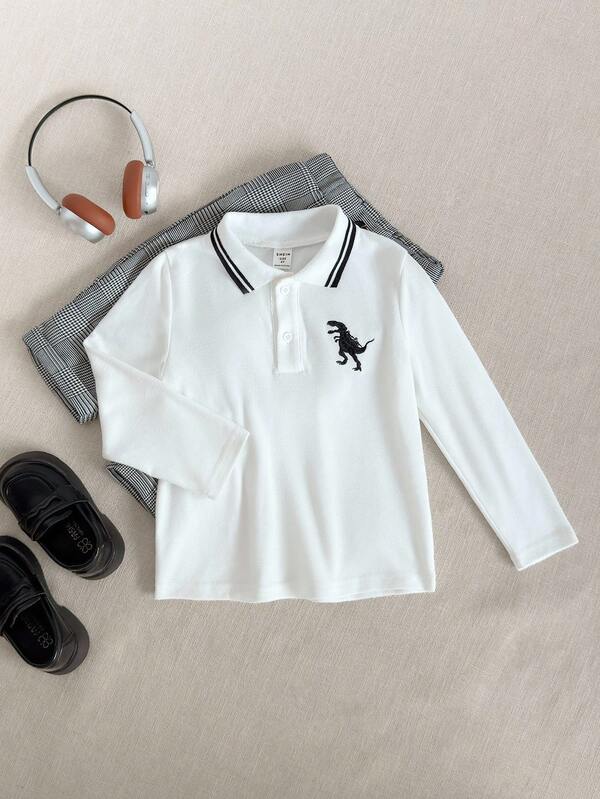 PrepCrw Young Boys' Polo Collar Long Sleeve T-Shirt, Collegiate Style Boys Longsleeve Polo Shirt Boys Dinosaur Polo Shirt Boys White Polo Shirt Long Sleeve Polo Shirts For Kids Boys Preppy Tops