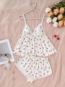 CottageSlumber 蕾丝拼布深V领樱花吊带背心和短裤睡衣套装夏季睡衣樱花睡衣套装两件套睡衣套装女士夏季睡衣套装女士睡衣 - 彩色 - 查看 1