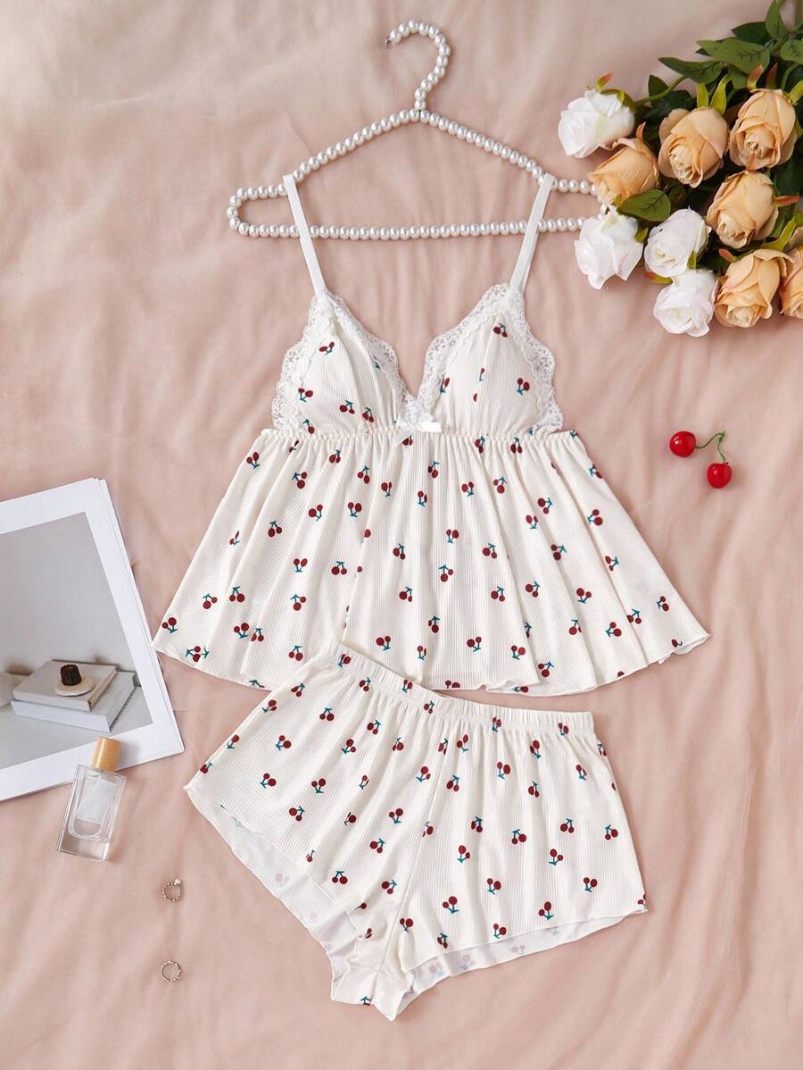 CottageSlumber 蕾丝拼布深V领樱花吊带背心和短裤睡衣套装夏季睡衣樱花睡衣套装两件套睡衣套装女士夏季睡衣套装女士睡衣 - 彩色 - 查看 1