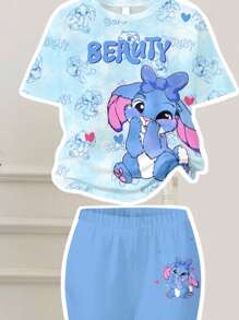 SHEIN 2pcs/Set Cute Cartoon Blue Rabbit Lulu, Stitch Pattern, Fresh Ocean Blue Tie-Dye, Young Girl Casual Minimalist Round Neck Short Sleeve T-Shirt And Flare Pants Set, Suitable For Autumn - Multicolor - View 3