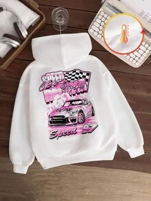 SHEIN Tween Girls' Casual Street Graphic Racing Print White Long Sleeve Zip-Up Sweatshirt With Pockets, Suitable For Autumn/Winter Fall - White - View 10