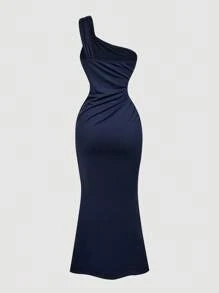SHEIN X Hannahelzahed SHEIN MOD Gold Brooch Decor Asymmetric Neck Ruched Fishtail Skirt - Navy Blue - View 2