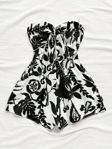 Soleia 女士度假植物印花扭纹前胸抹胸连体衣 - 黑與白 - 查看 3