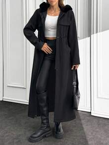 EURMUSE 长款人造毛领纽扣开合外套，时尚温暖的冬季外套，限量版系列 - 黑色 - 查看 1