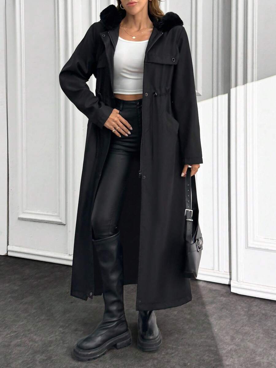 EURMUSE 长款人造毛领纽扣开合外套，时尚温暖的冬季外套，限量版系列 - 黑色 - 查看 1