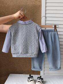 SHEIN 男婴保暖加厚长袖衬衫+灰色针织背心+牛仔裤两件套，舒适休闲百搭，适合室内、室外、日常穿着、运动、玩耍、派对、拍照、度假、返校、街头风、慢跑、运动服、万圣节、春夏秋冬等各种场合。 - 藍色 - 查看 3