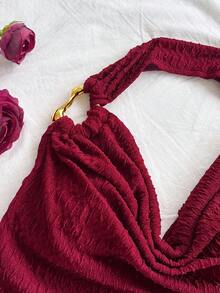 Soleia 女式纹理针织垂坠领金属肩带宽松衬衫，适合派对、圣诞节、约会、夜总会、海滩、游轮、下午茶、波西米亚风、波西米亚风、度假、秋季 - 酒紅色 - 查看 5