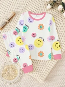SHEIN Playful Pals 2件套少女可爱笑脸印花弹力针织长袖上衣和裤子睡衣套装，浅米色和粉色 - 彩色 - 查看 4