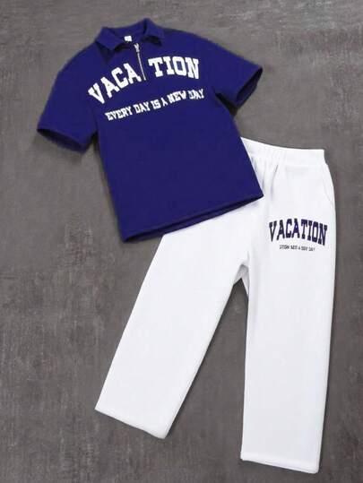 SHEIN 2 件套青少年休闲纯色印花 Polo 衫和裤子套装，百搭舒适，适合通勤、上学、日常、旅行、运动、派对、春夏季