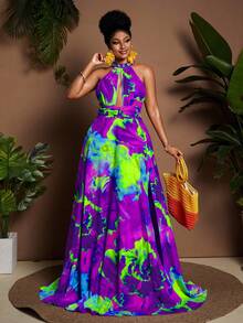 Maweii Váy maxi hở lưng in họa tiết nhuộm loang dành cho nữ cỡ lớn - Nhiều màu - Xem 3