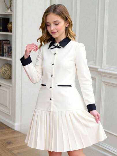 Elladie kids 少女长袖撞色翻领开衫连衣裙，优雅高端正式服饰，百搭秋冬新款，米色秋季款