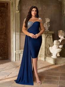 Aureia Plus Size Elegant Minimalist Blue Mesh Sheer Long Sleeve Luxurious 3D Rhinestone Pleated Front Draped Asymmetric Hem Dress, Suitable For All Formal Occasions, Galas, Ceremonies - Blue - View 2