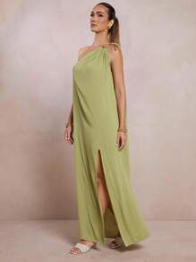 L'Amorae Elegant Solid Color Sleeveless High Slit Dress, Summer