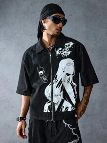 ROMWE MEN Anime Men's Denim Cartoon Character Print Zip-Up Casual Denim Jacket - Black - View 9