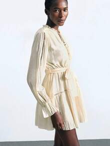 Maija 2025 Early Autumn Vacation Round Neck Ruffle Tie Design Lace Patchwork Lantern Sleeve Textured Ruffle Design Women Short Dress Tie Front Dress Drawstring Dress Smock Dress Mini Dress Cream Dress - White - View 3
