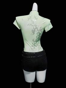 SHEIN ICON 女士绿色水钻装饰前后镂空高领紧身衣 - 黑色 - 查看 10